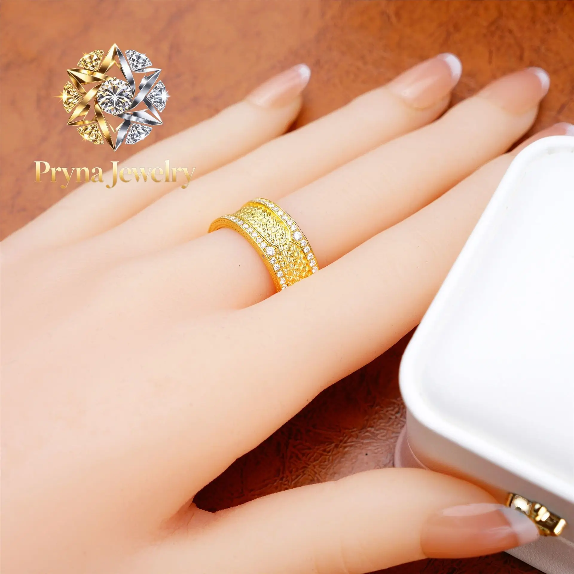 

Pryna Jewelry 9999 24K real gold floral silk Wind and rain Bridge ring set with Mossan diamond precision high-grade retro fash