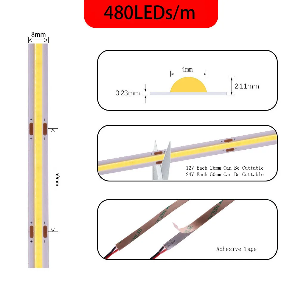 COB LED Strip Light High Density Brightness 480/528LEDs/m Flexible Lighting Linear Dimmable Tape Ribbon Room Decor DC12V 24V