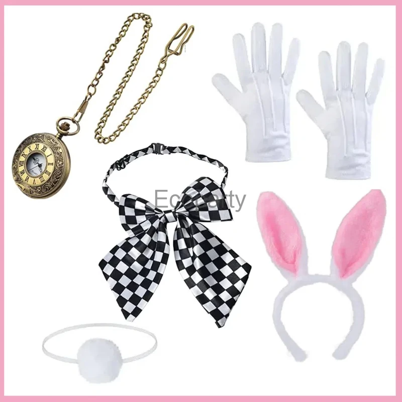 New White Rabbit Costume Bunny Girls Cosplay Dress Up Accessory Headband Grid Bow Gloves Set Halloween Carnival Party Suit