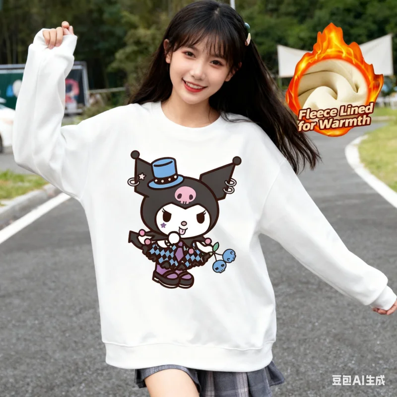 

2025 Sanrio Series Printed Crew Neck Long-Sleeve Top, Cute and Warm Fleece-Lined Crew Neck Long-Sleeve T-Shirt, 100% Cotton