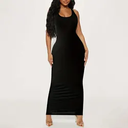 Y.KUKU 2024 Summer Women Dress Black Knitted Solid Crew Neck Long Dresses Casual Sleeveless Bodycon Slim Sexy Backless Dress