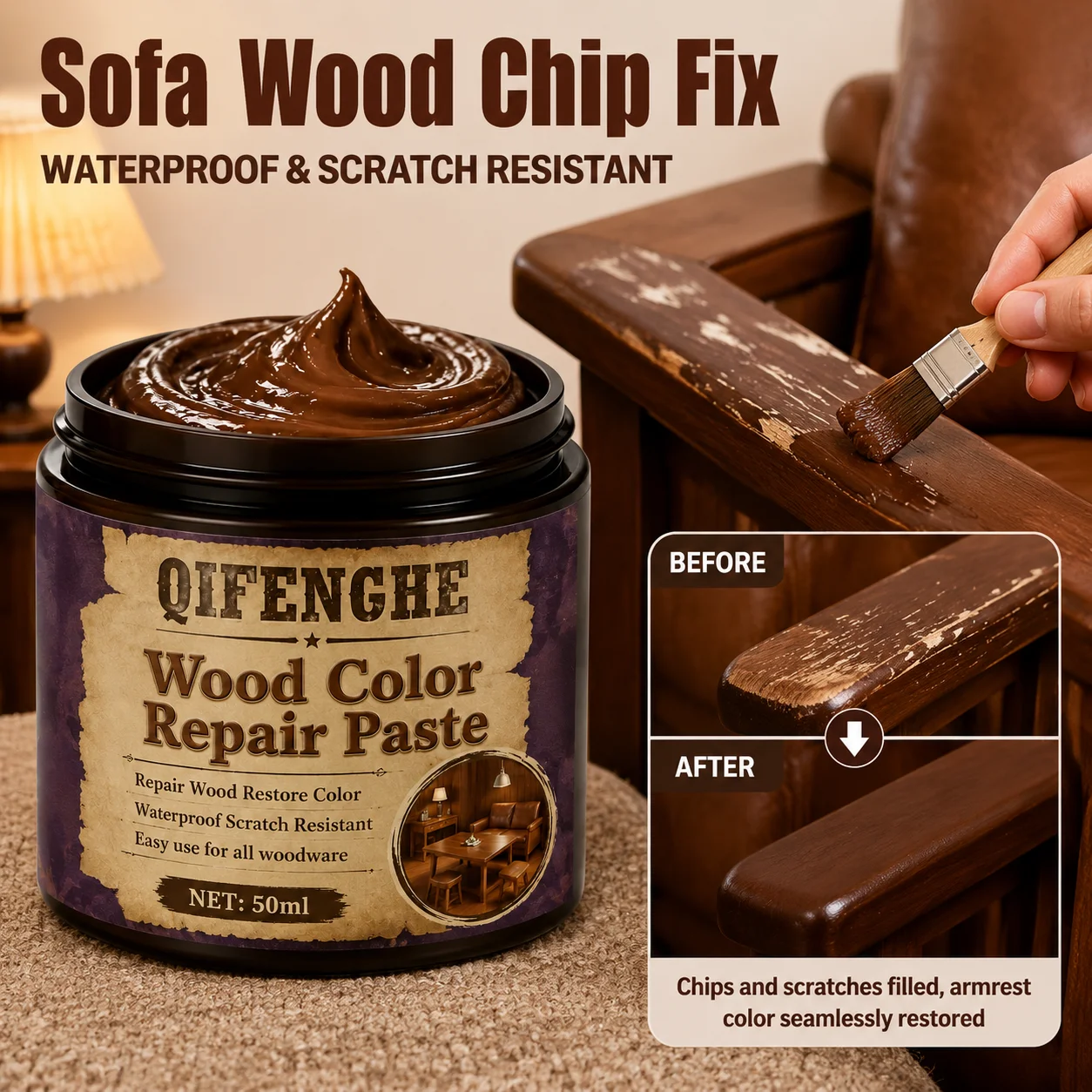 Wood Repair Paste 50ml, Furniture Scratch & Color Restorer, Waterproof, Easy to Use for All Wood Surfaces