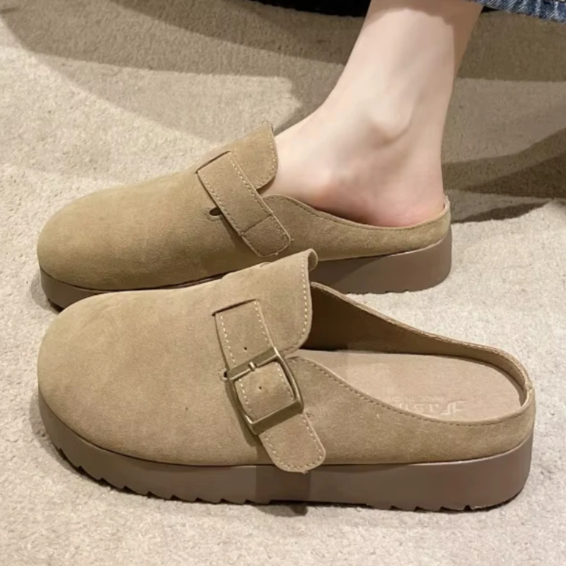 النساء الخريف والشتاء شقة الجلد المدبوغ عدم الانزلاق غطاء ارتداء بلون الرجعية نمط المنزل في الهواء الطلق عارضة المشي نصف النعال #1