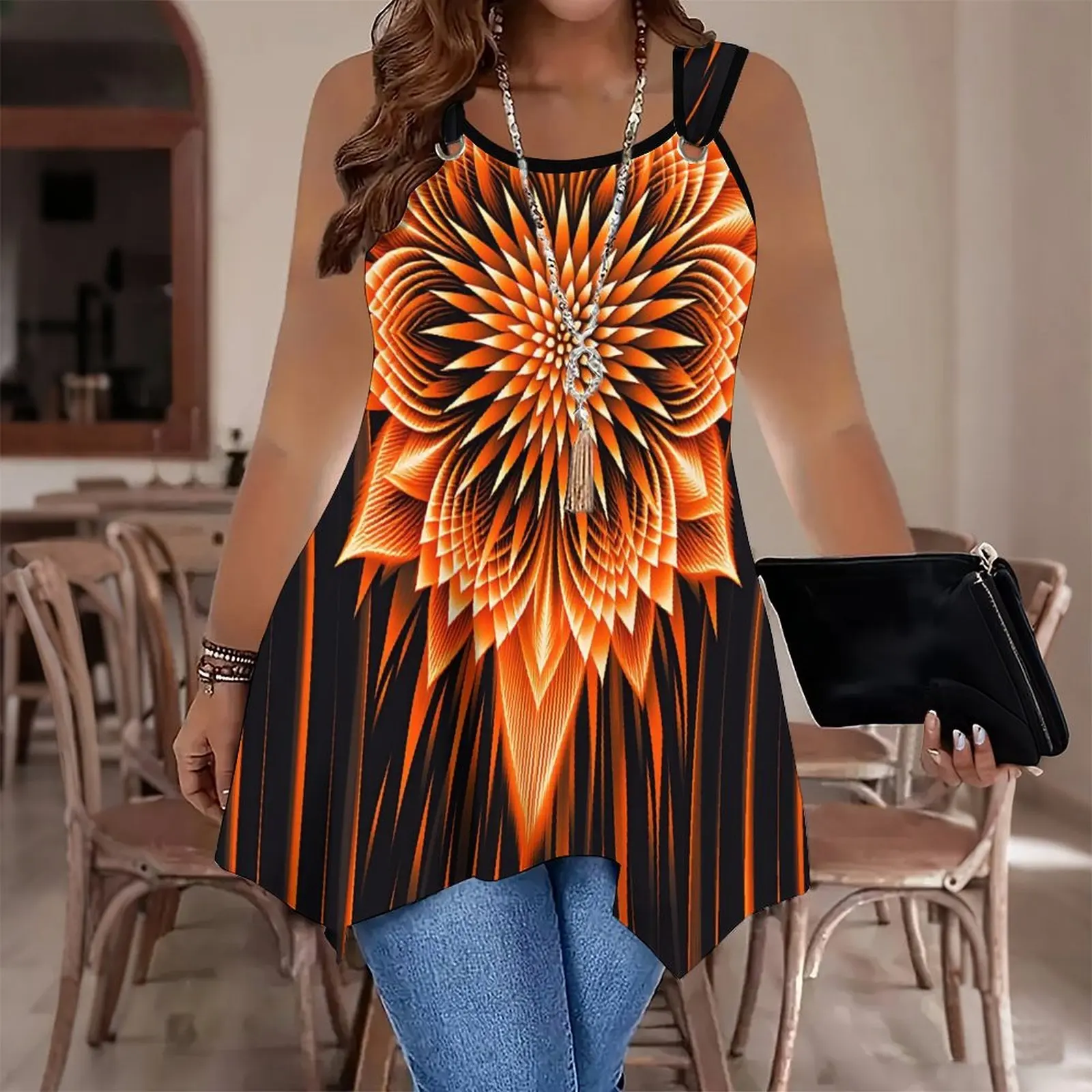 Women's Autumn/Winter Retro Print Round Neck Sleeveless Tank TopSlim and Casual Wear