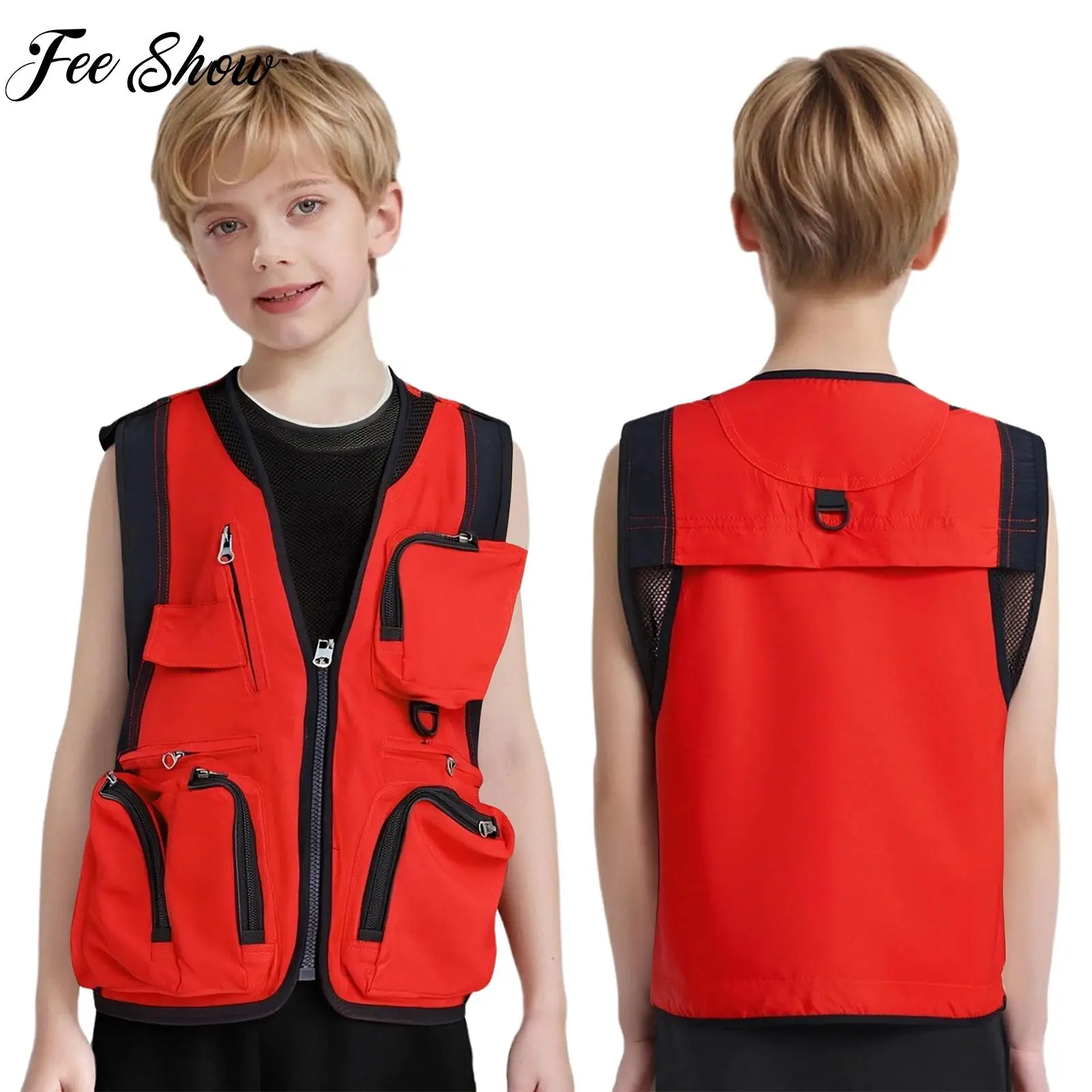 

Boys Girls Fitness Vests Tops V-Neck Sleeveless Waistcoats with Zipper Pockets for School Camping Fishing Sportswear Active Wear