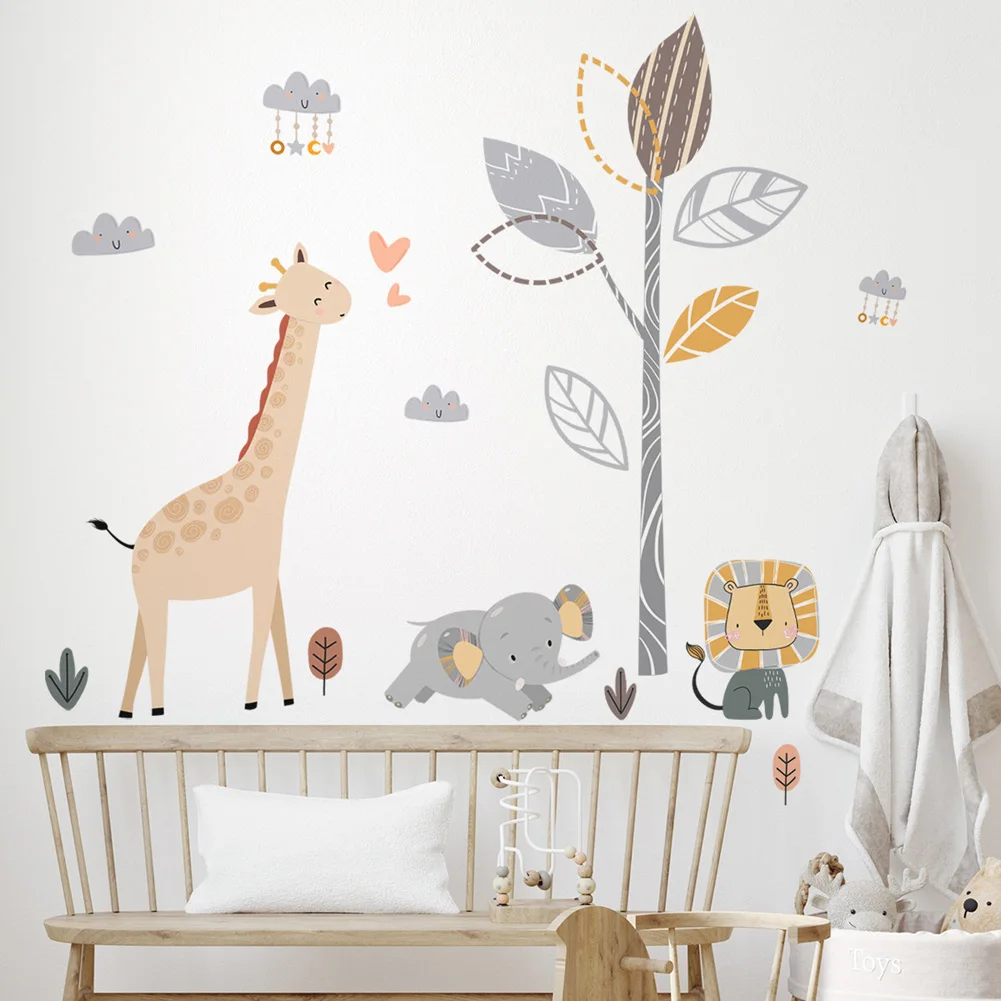 Cartoon Baby Elephant Lion Giraffe Wall Sticker Bedroom Kids Room Home Decoration Mural Cute Animal Wallpaper Removable Stickers