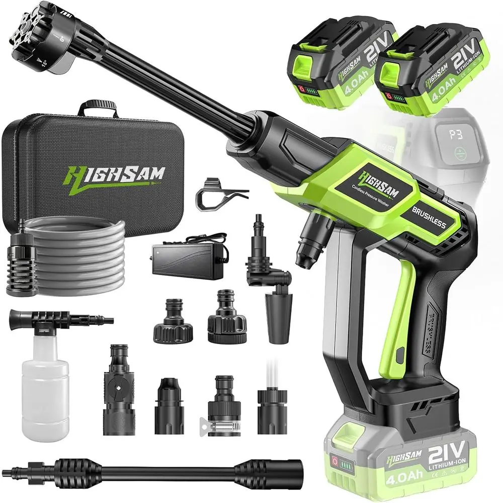 

CordlPortable Car Washer-BrushlMotor, 2X4000mAh Batteries & ast , 6-in-1 Nozzle, Extension Rod, 16.4T Hose & Storage Case, Handh