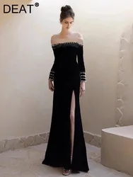 DEAT Elegant Dress Pearl Patchwork Slash Neck Long Sleeve Side Slit Trumpet Women's Evening Dresses 2024 Autumn New Tide 35Z1121