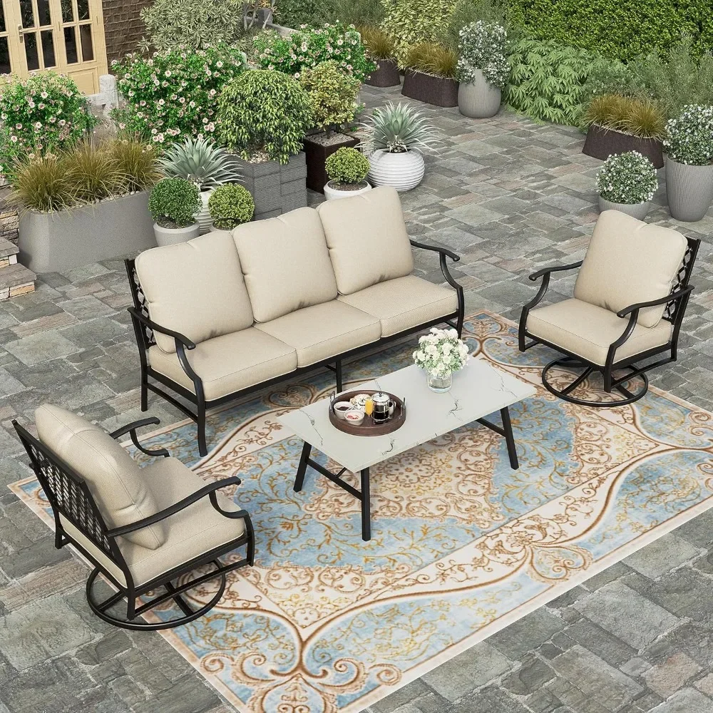 4 Piece Patio Furniture Set, 2 x Swivel Cushioned Chair, 3-Seat Sofa with Marbling Coffee Table, All Weather Outdoor Set