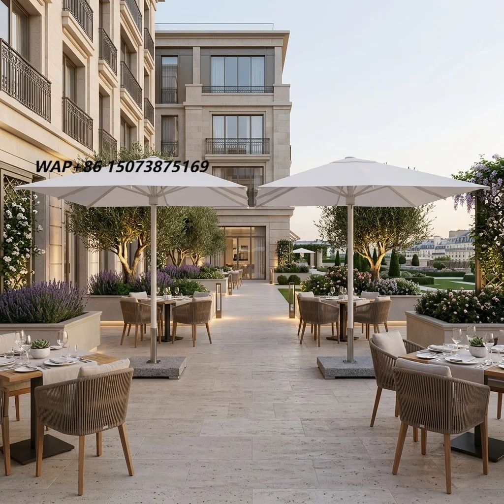 6X6M Full Striped Printed Parasol Galvanized Zinc Pole Cast Iron Base for Hotel Cafe Outdoor Commercial Sun Protection