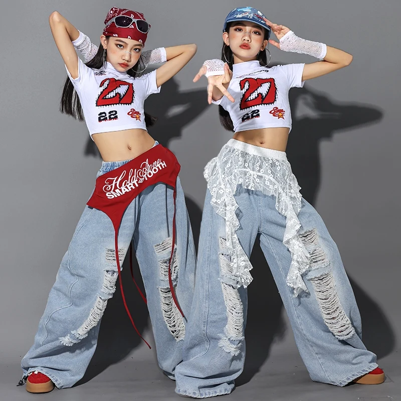 Kinder Jazz Dance Kleidung Mädchen Kpop Outfit Weiß Crop Top Denim Baggy Hosen Mode Hip Hop Kostüm Street Dance Tragen 2485