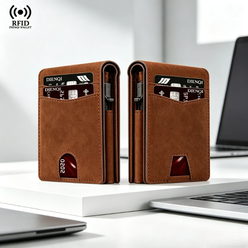 Mens RFID Blocking Money Clips Wallet Slim Automatic Pop-Up Credit Card Holder with ID Window Purse Minimalist Card Case for Men