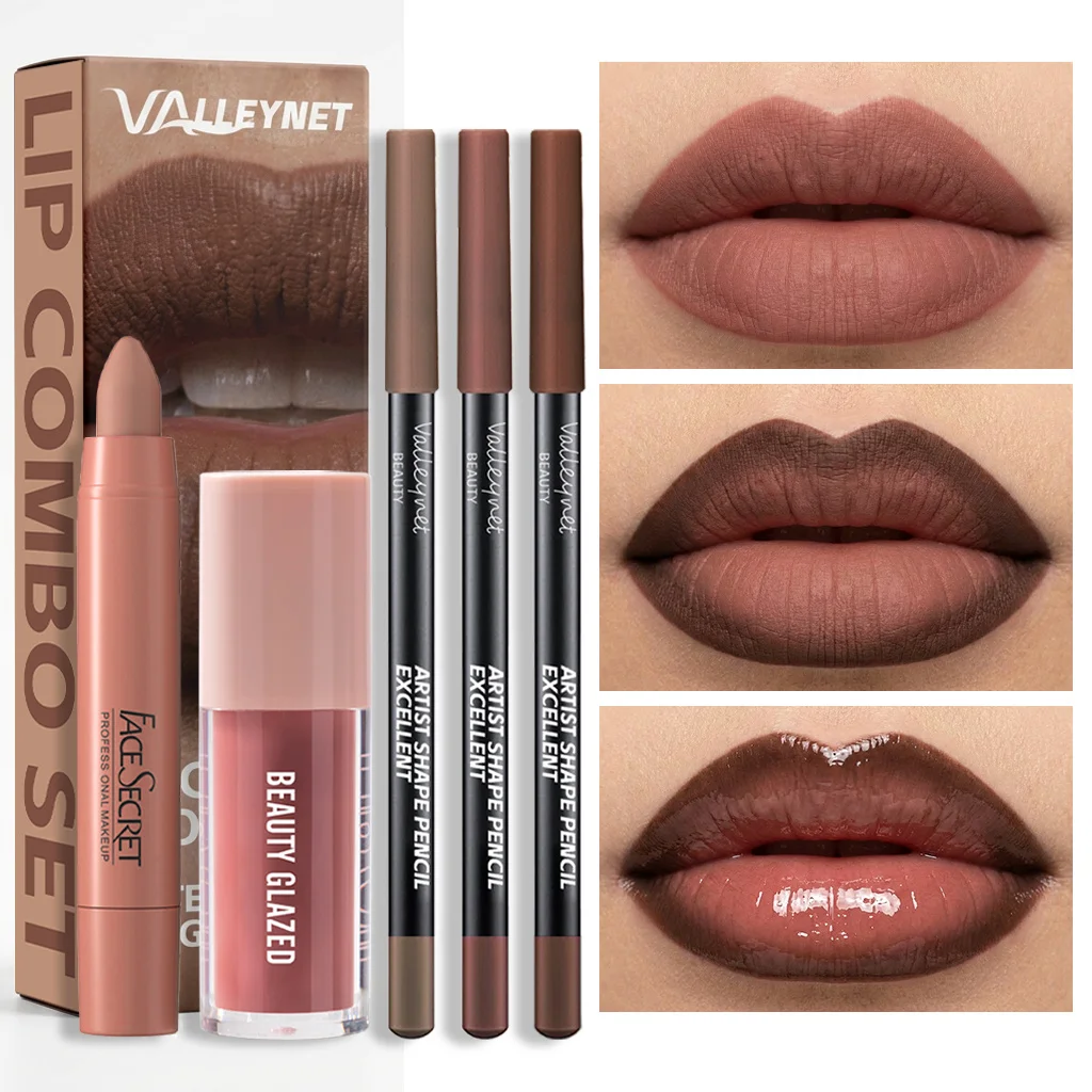 5 قطعة مجموعة كومبو الشفاه النهائية ماتي أحمر الشفاه السائل بطانة الشفاه + زيت ملمع الشفاه طويلة الأمد مقاوم للماء مجموعة الشفاه عارية الشفاه كومبو #1