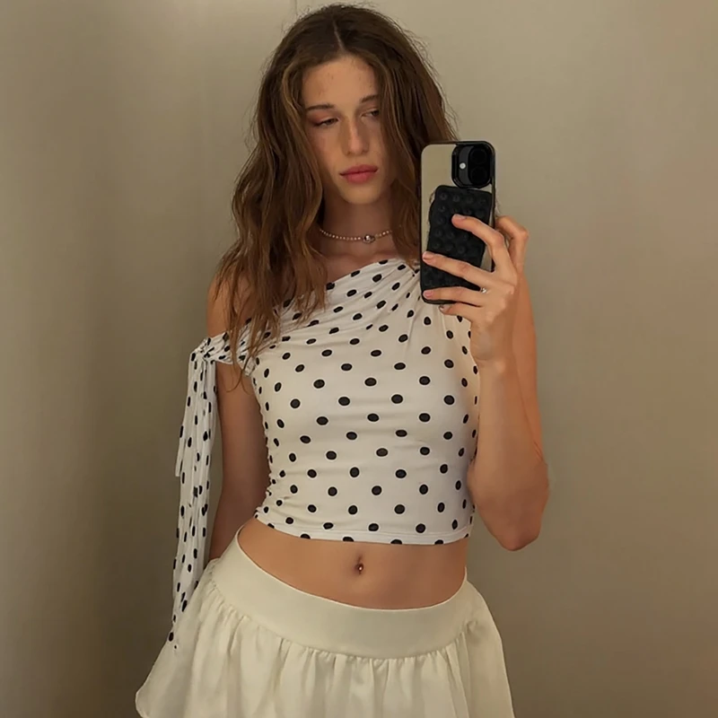 

Женские топы с лентой в горошек, женские топы на одно плечо, косая шея, с открытыми плечами, модные укороченные майки, футболки, сексуальная горячая уличная одежда