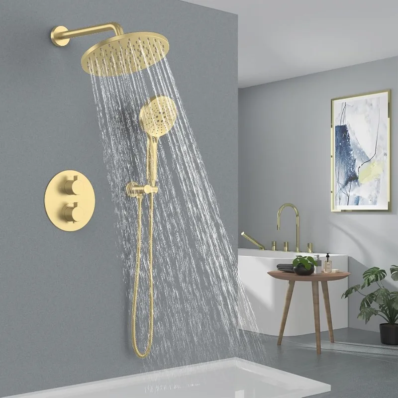 Thermostatic Shower System Wall Mount with 10 Inch Roud Rainfall Shower Head and Handheld,Shower Faucet Mixer Trim Kit