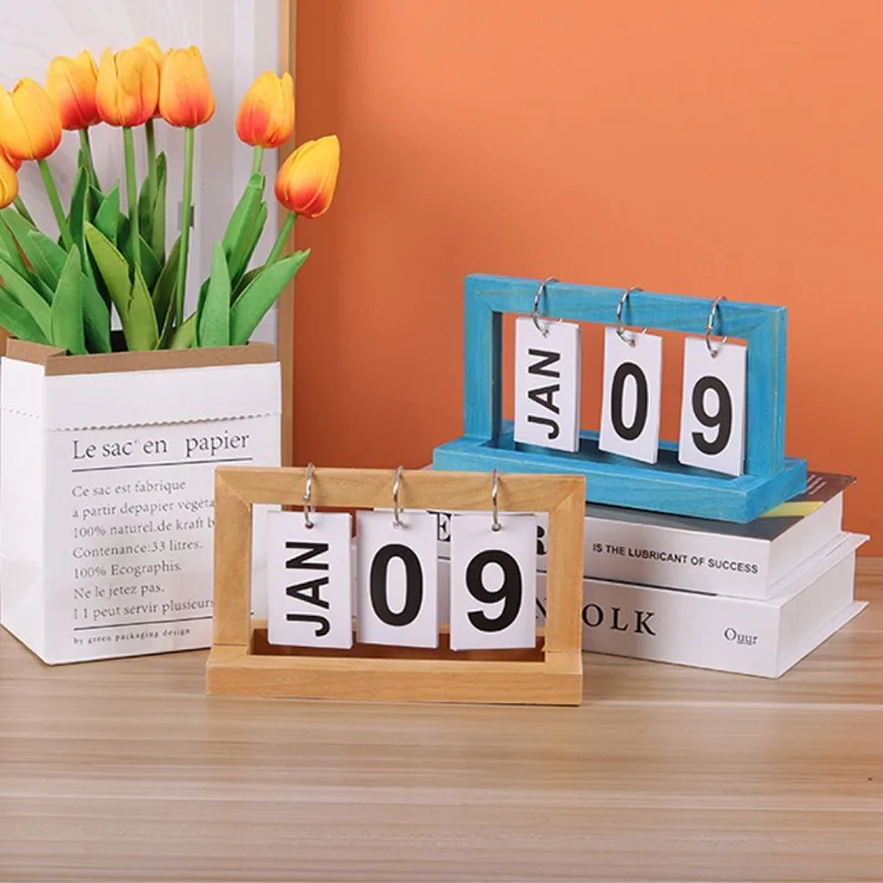 Wooden Flip Calendar Desktop Schedule Ornament Permanent Calendar Office Decoration Perpetual Calendar Desktop Display Planner