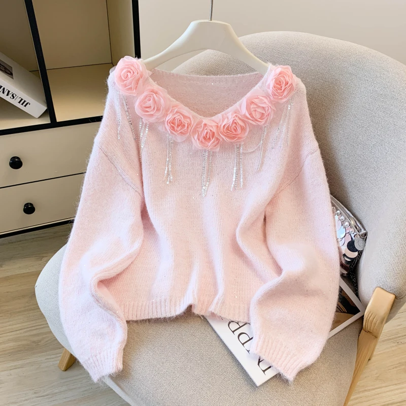 

Женский розовый вязаный пуловер с v-образным вырезом, свитер с 3D цветочным принтом, винтажный кашемировый свитер 2000-х годов с длинными рукавами для женщин, осенне-зимняя одежда