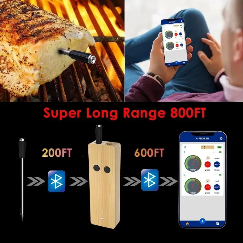 Wireless Smart Meat Thermometer - 2 Probes, 800FT Long Range, Food Thermometer for BBQ, Oven, Grill, Kitchen, Smoker, Rotisserie