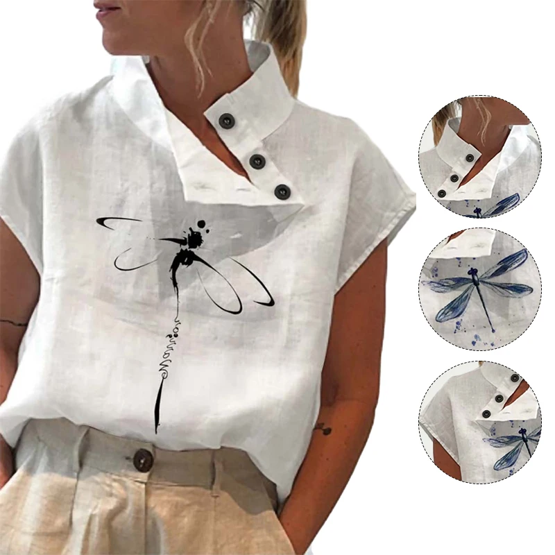 Women Blouse Casual Standing Collar Short Sleeves Cotton Linen White Shirt Summer Elegant Chic Pullover Top Oversized Clothing