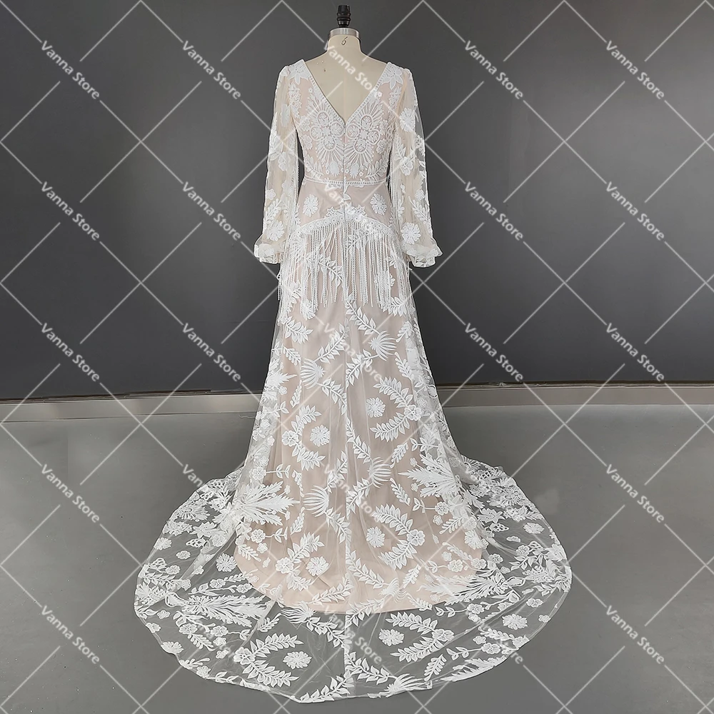 Personalizado mangas compridas inchadas allover rendas boho elopement vestidos de noiva uma linha com decote em v borla boêmio praia vestido de casamento modesto