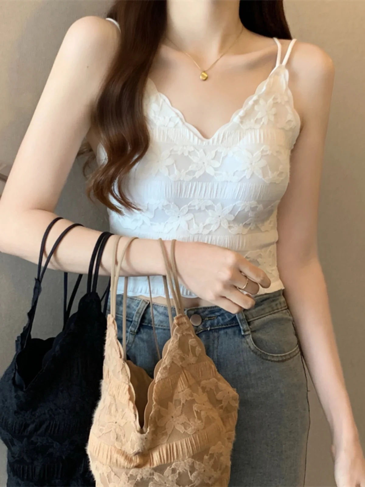 Lace Backless Tank Top Women's Outerwear with Chest Pad plus Size Summer Bra Integrated Short Sleeve Inner Wear Top