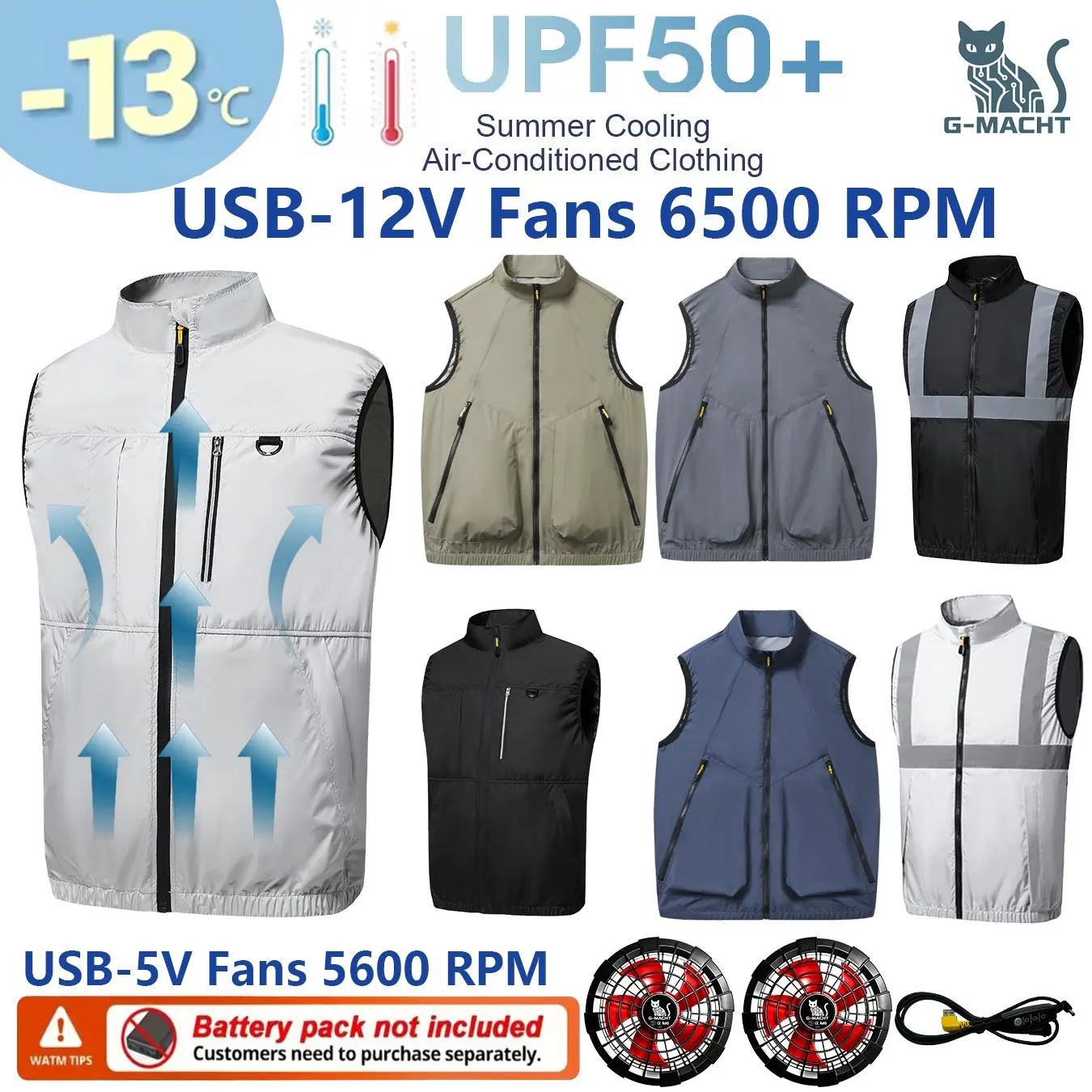 

G-MACHT Men's Cooling Fan Vest USB Air Conditioning Jacket Short Sleeve Outdoor Work Fishing Cooling Clothes Heat Protection