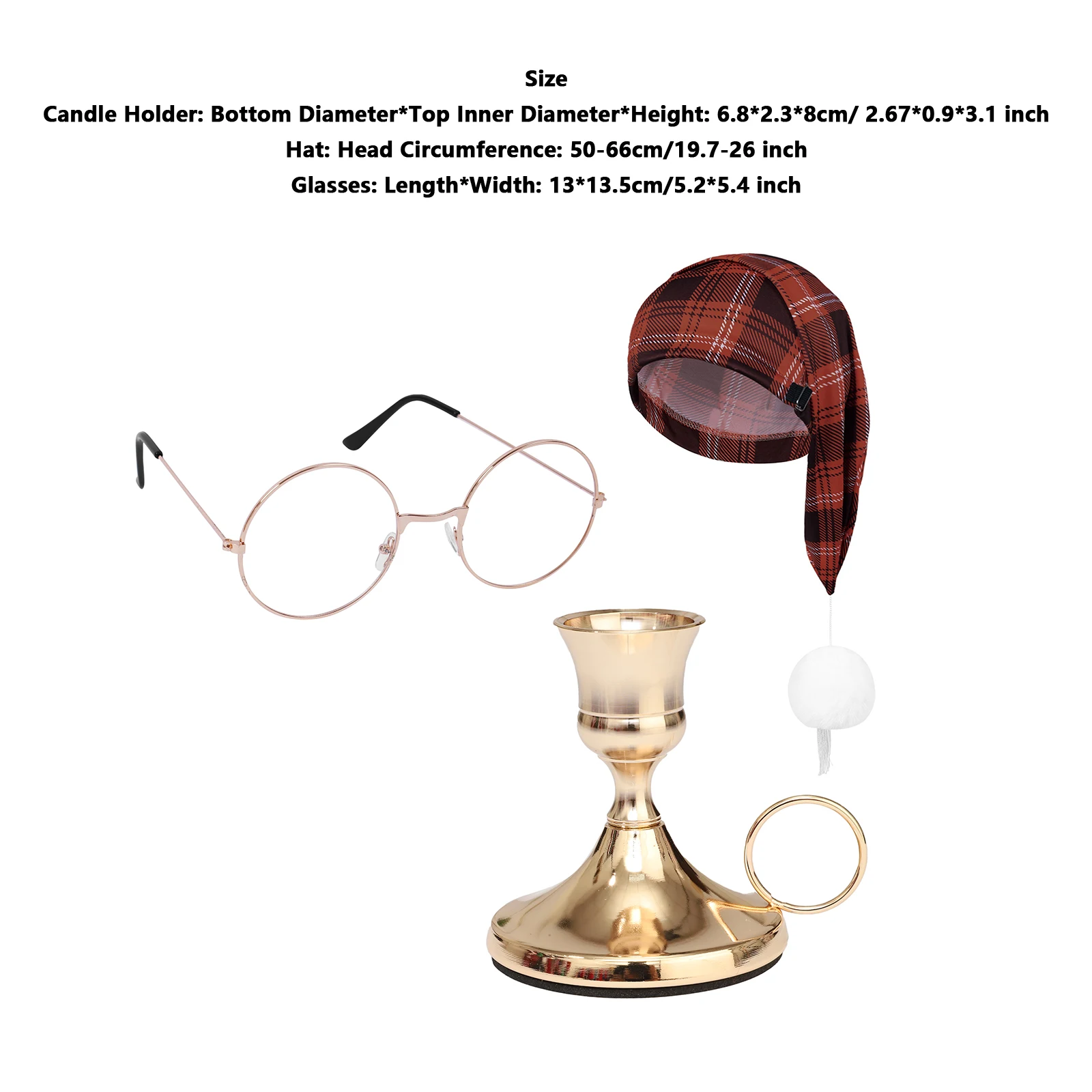 Chapéu de noite xadrez para festival masculino, chapéu com suporte de vela cônico de metal dourado e óculos planos de papai noel para o natal