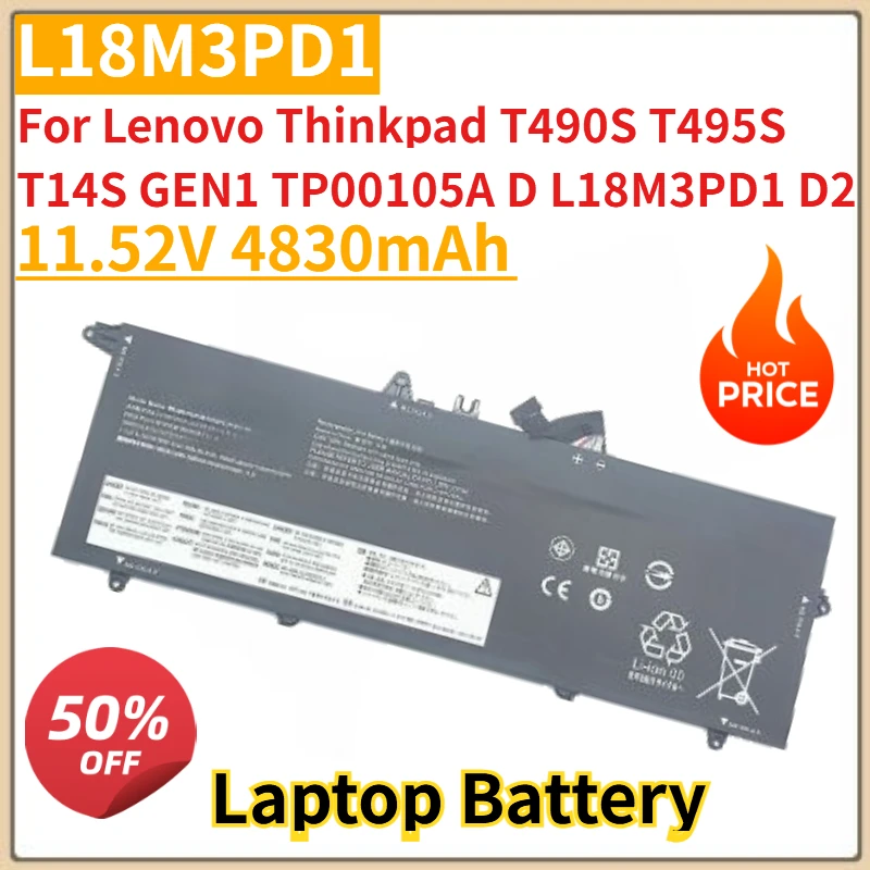 

High Quality New L18M3PD1 11.52V 4830mAh Laptop Battery for Lenovo Thinkpad T490S T495S T14S GEN1 TP00105A D L18M3PD1 D2