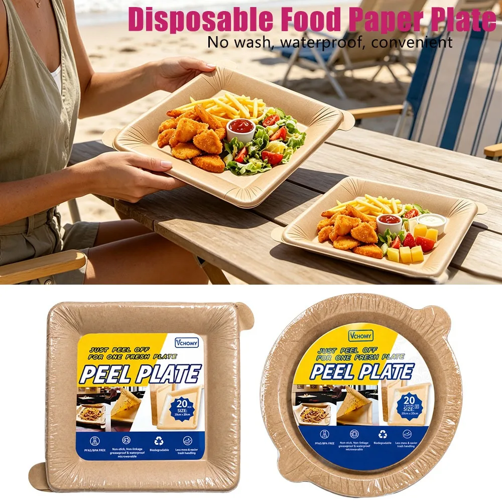 20PCS Food Grade Disposable Paper Plates Waterproof Oil Proof Heat Proof Reusable No Wash Home Camping Outdoor Party