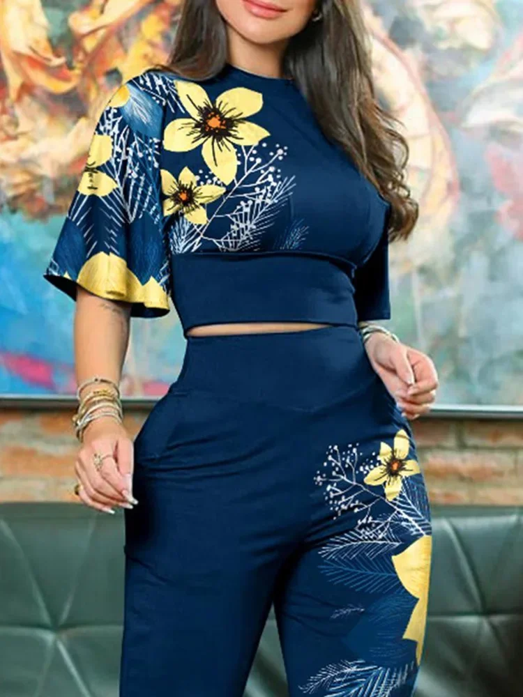 Summer Fashion Tropical Print Bell Sleeve Crop Tops  Women Casual  Tshirt Elastic High Waist Cropped Pants Two Piece Suit Women