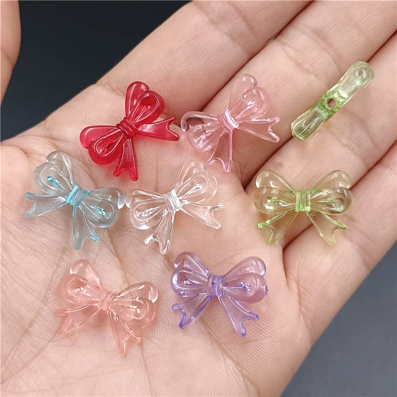 15*19mm 20 sztuk Multicolor przezroczysta kokardka akrylowy koralik DIY ręcznie robiona biżuteria kolczyki brelok materiał akcesoria