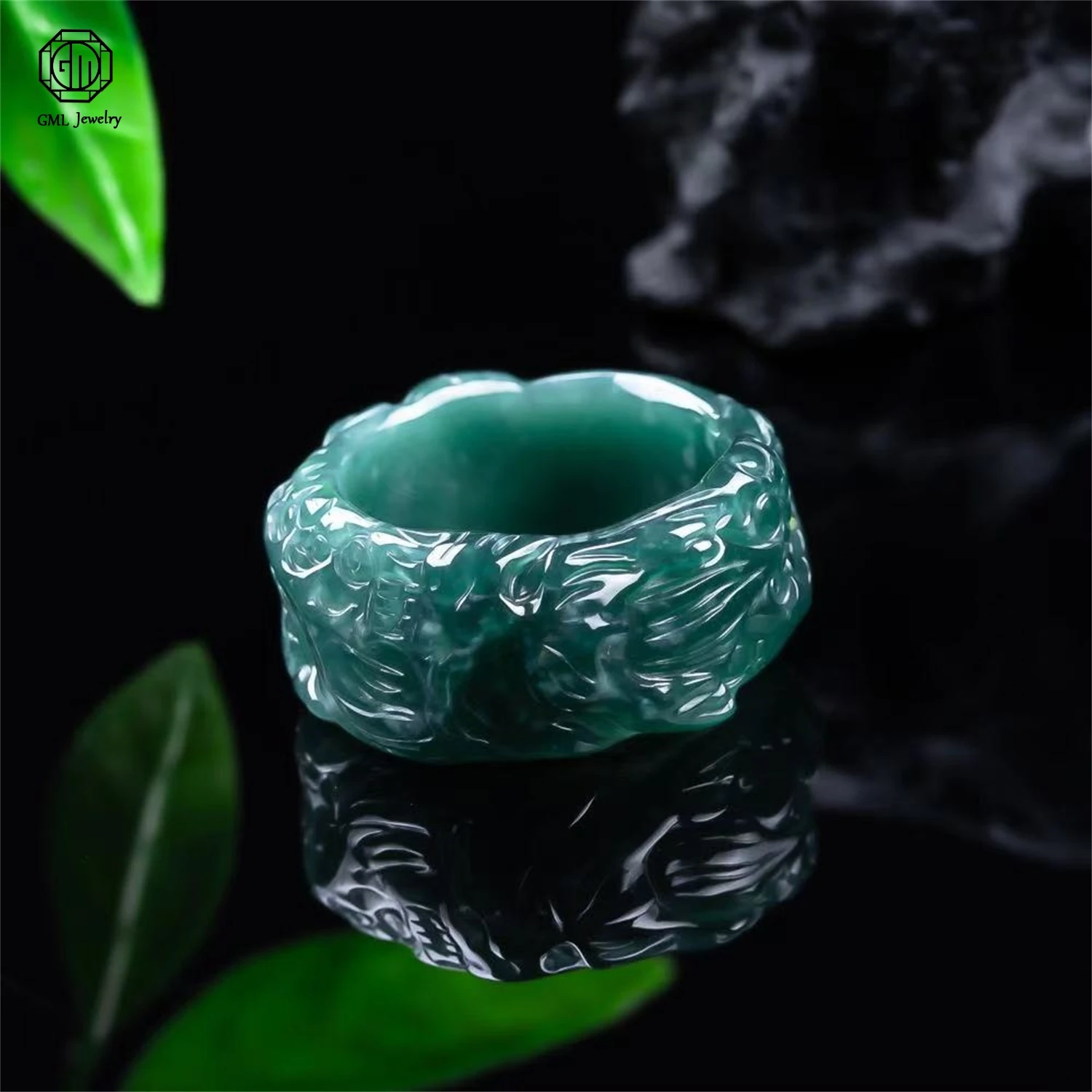 Natural Grade A Jadeite Blue Water Landscape Thumb Ring Ice Translucent Unisex Men Women Couple Gemstone Band Jewelry Gift view 6