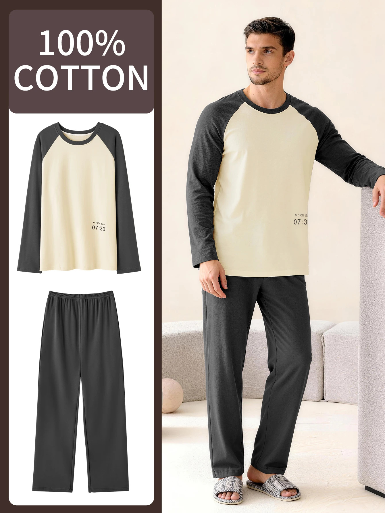Men's 100% Cotton Long Sleeved Four Season Plus Size Men's Sleepwear, Teenage Pure Cotton Home Suit Set for Warmth