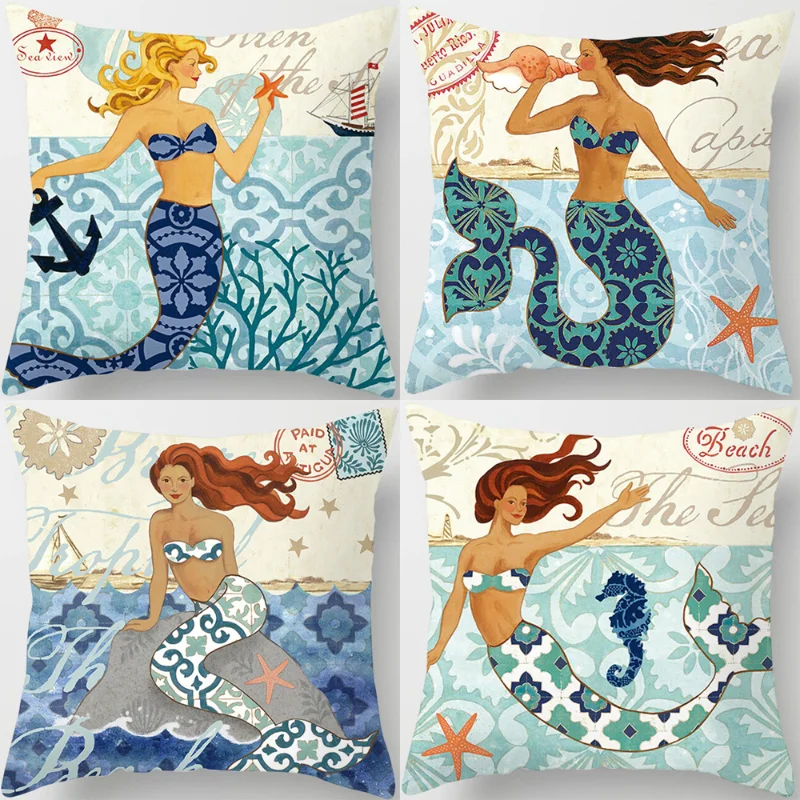 

Mermaid Cushion Cover Shellfish Turtles Whales Pillow Cover Marine Life Print Pillowcase Farmhouse Home Decor Throw Pillow Cover