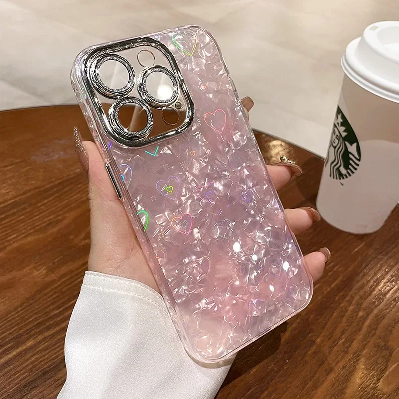 Laser Heart Pattern Phone Case For iPhone 15 14 13 12 11 Pro Max Plus Cases Silicone Shockproof Hard Cover for Woman Girl