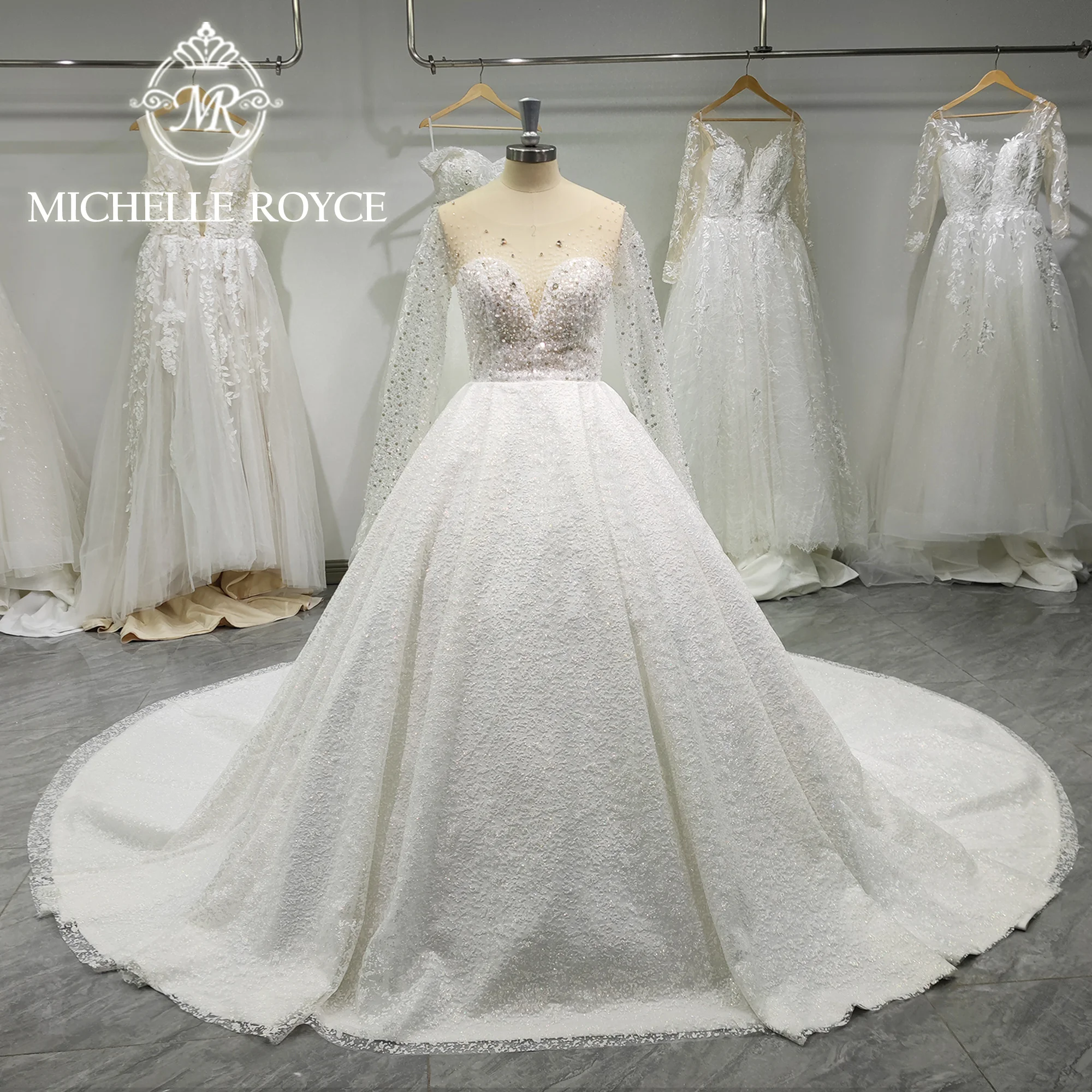 Michelle Royce A-Line Luxury Wedding Dress 2022 Shining Long Sleeve Beading Button Chapel Train Lace Wedding Gown For Bride 2022