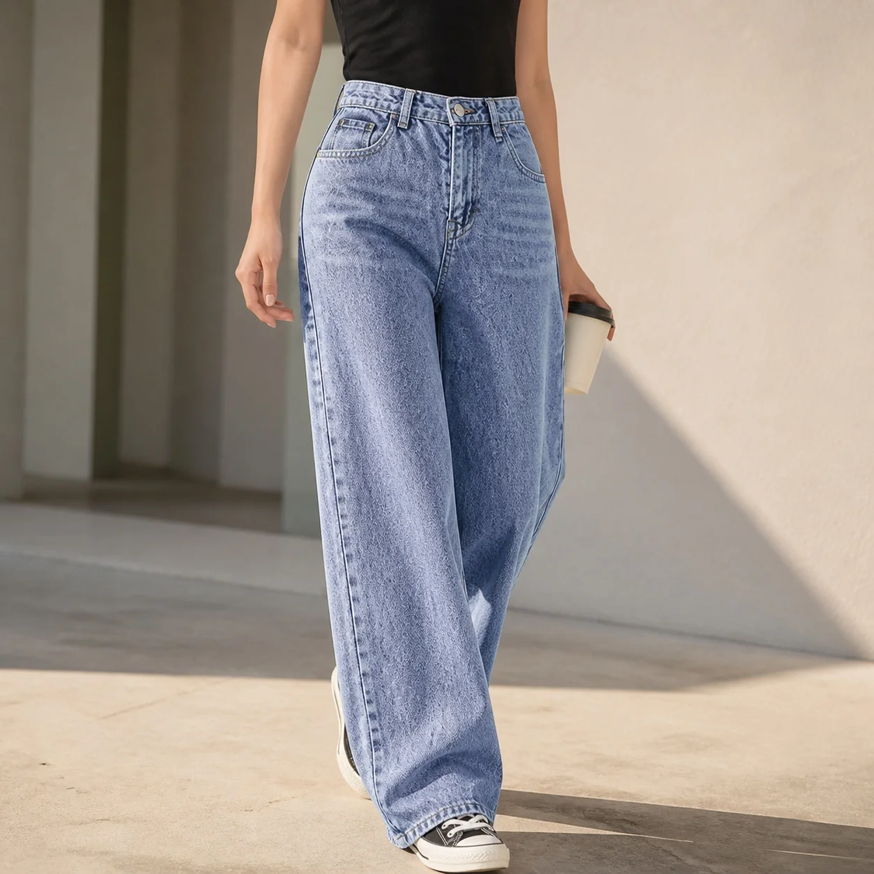 Women's Baggy High Waist Slimming Straight Leg Long Stone Washed Distressed Casual Cotton Medium Weight Stretch Jeans with Five