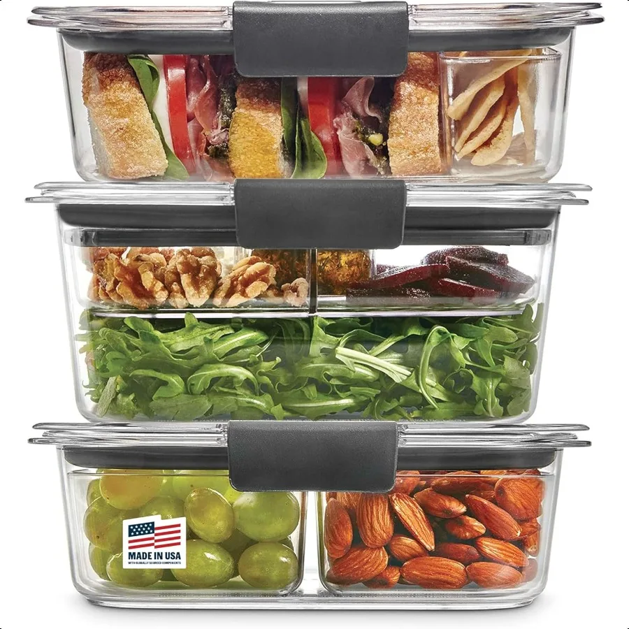 

Rubbermaid Brilliance BPAFree 3 Set Food Storage Containers with Lids Removable Trays Airtight LeakProof Ideal for Meal Prep Lu