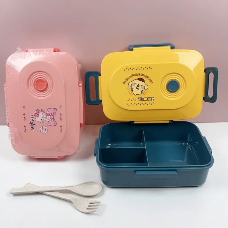 Sanrio Cute Plastic Lunch Box Large-Capacity Portable Cartoon Hello Kitty Cinnamoroll Kuromi Bento Box Microwaveable Tableware