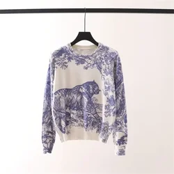 TPJB Forest Tiger Jacquard Women Sweater Cashmere Spring Autumn Knitted Pullover Long Sleeve Soft Knitwears Luxury Runway Jumper