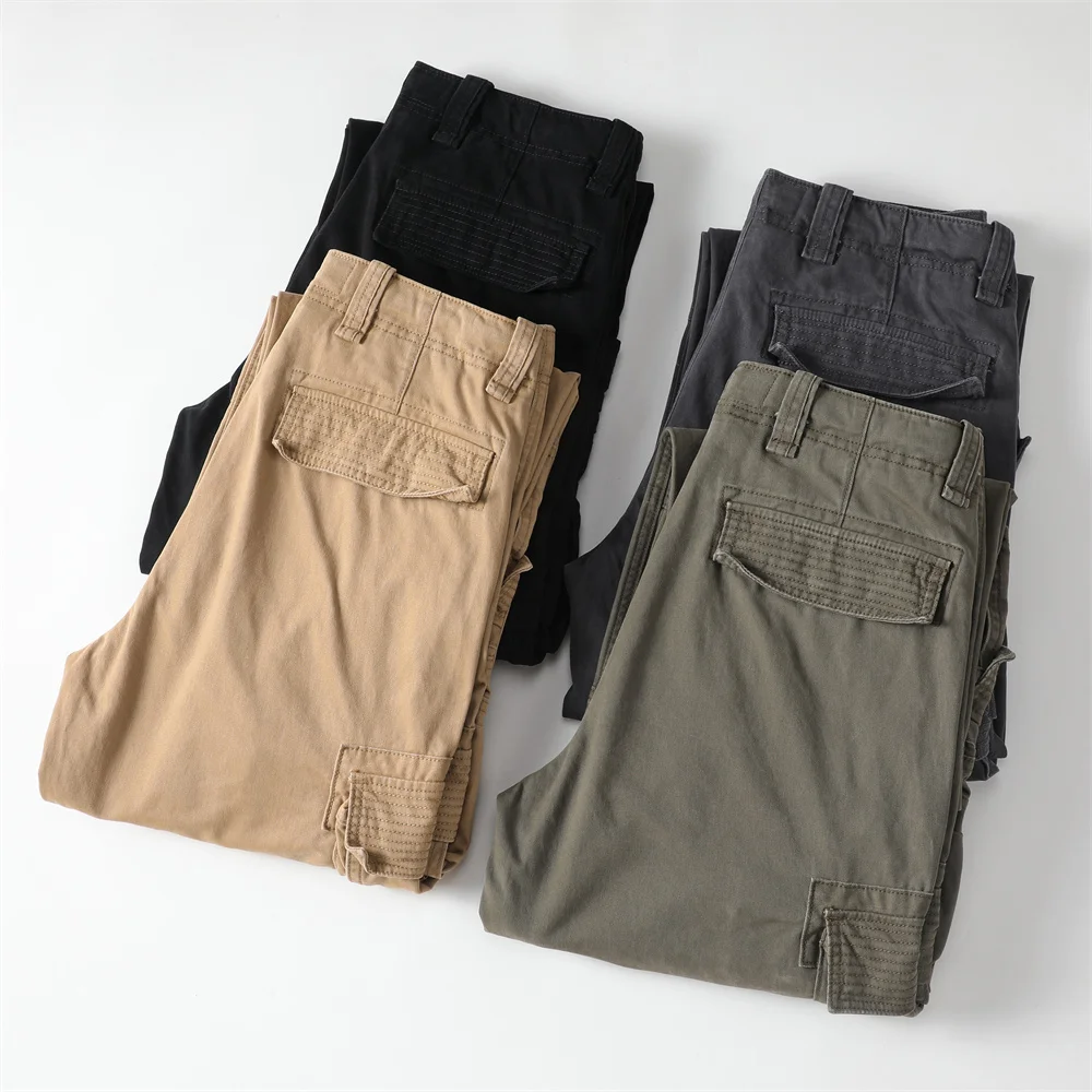 Retro Style Men's Cotton Casual Pants Multi-Pockets Plus Size Loose Straight Cargo Pants Fashion Outdoor Jogger Pants