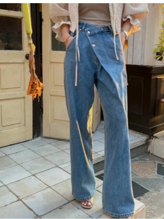 Retro High Waist Wide Leg Jeans Women's Pants Asymmetrical Buckle Design Versatile Long Trousers Chic New Style Denim