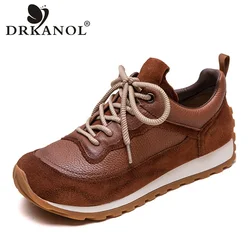 DRKANOL Autumn Winter Warm Shoes Women Genuine Leather Mixed Colors Lace-Up Casual Sneakers Lady Literary Style Retro Flat Shoes
