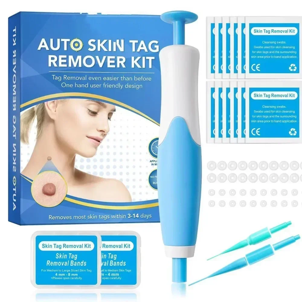 2-IN-1 Auto Skin Tag Removal Tool Kit Painless Skin Label Mole Acne Wart Removal Pen with Cleansing Swabs Facial Skin Care Tool