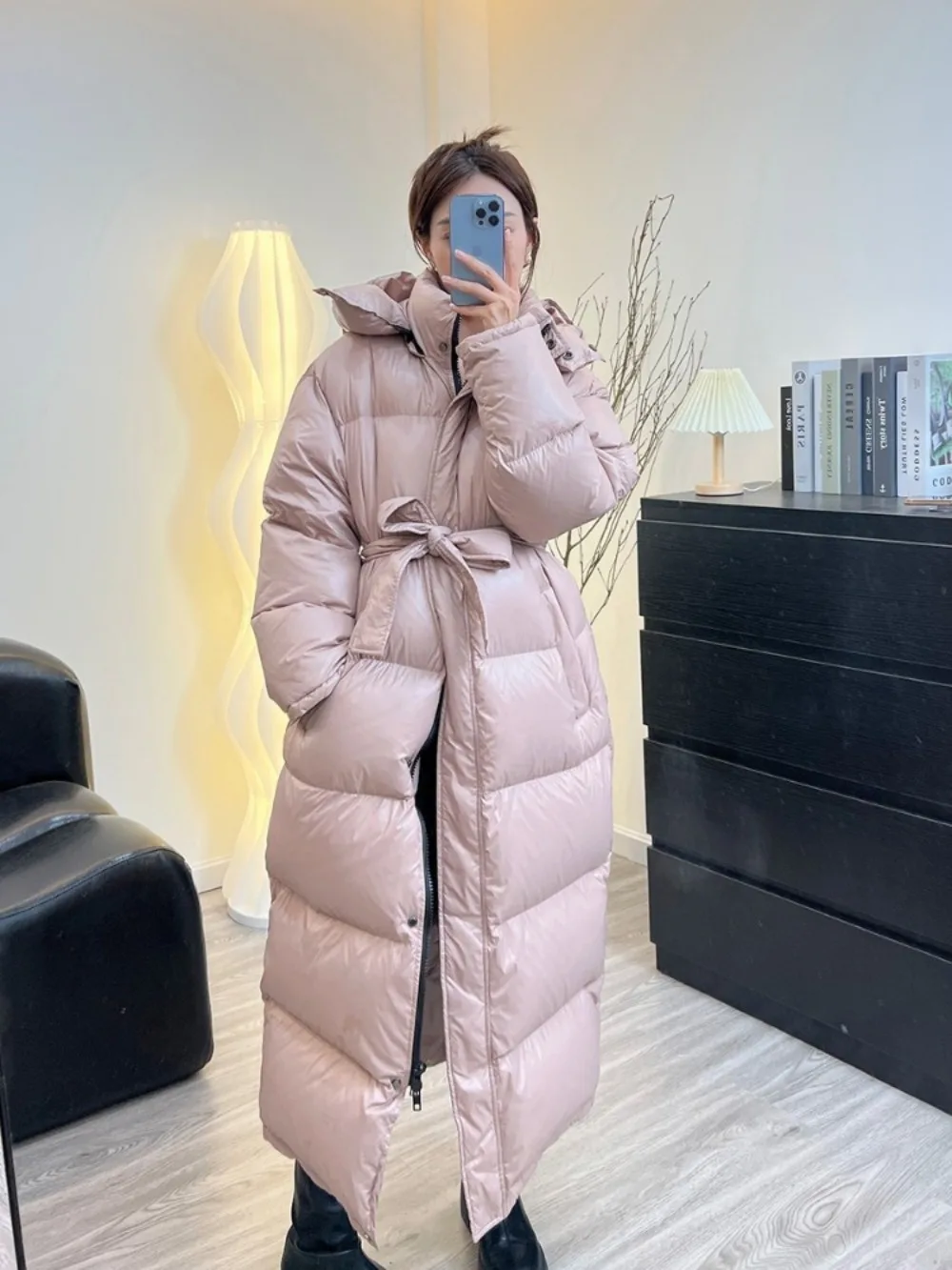 Women\'s Down Jacket Women Casual Thick Long Duck Down Puffer Coat Hooded Female Waterproof Parkas with Sashes Outwear