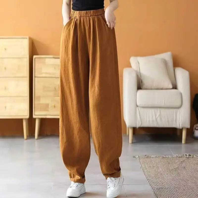 

2025 Autumn Cotton and Linen Women's Wide Leg Full Pants High Waist Summer Female Elegant Minimalism Straight Loose Trousers