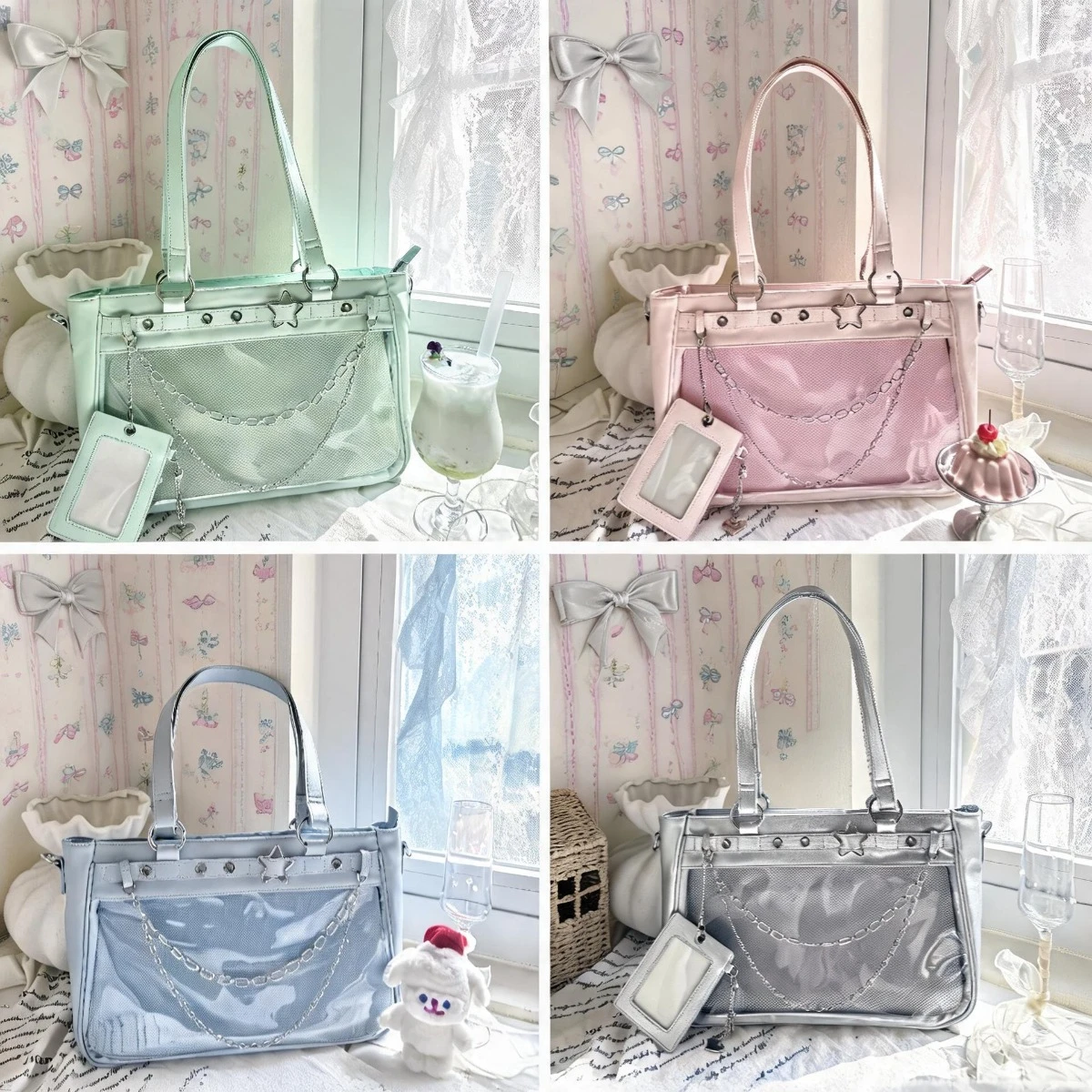 Women Fashion Shoulder Bag Casual Tote Handbag PU Leather Clear Mesh Purse with Chain Star Decor Ladies Work Office Shopping Bag