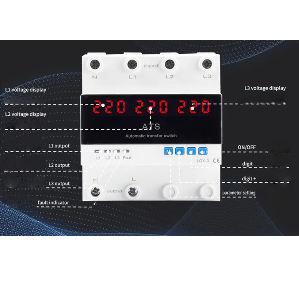 Three Phase Voltage Protection Relay Voltage Meter 63A 3-phase Relay Rated Current 63A Operating Range 80 350VAC