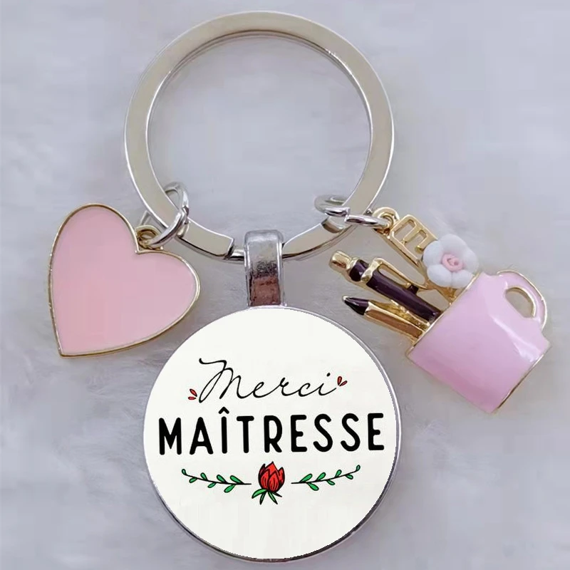 merci maitresse french letter word teacher\'s day gift keychain, enamel pen holder love pendant DIY keychain gift