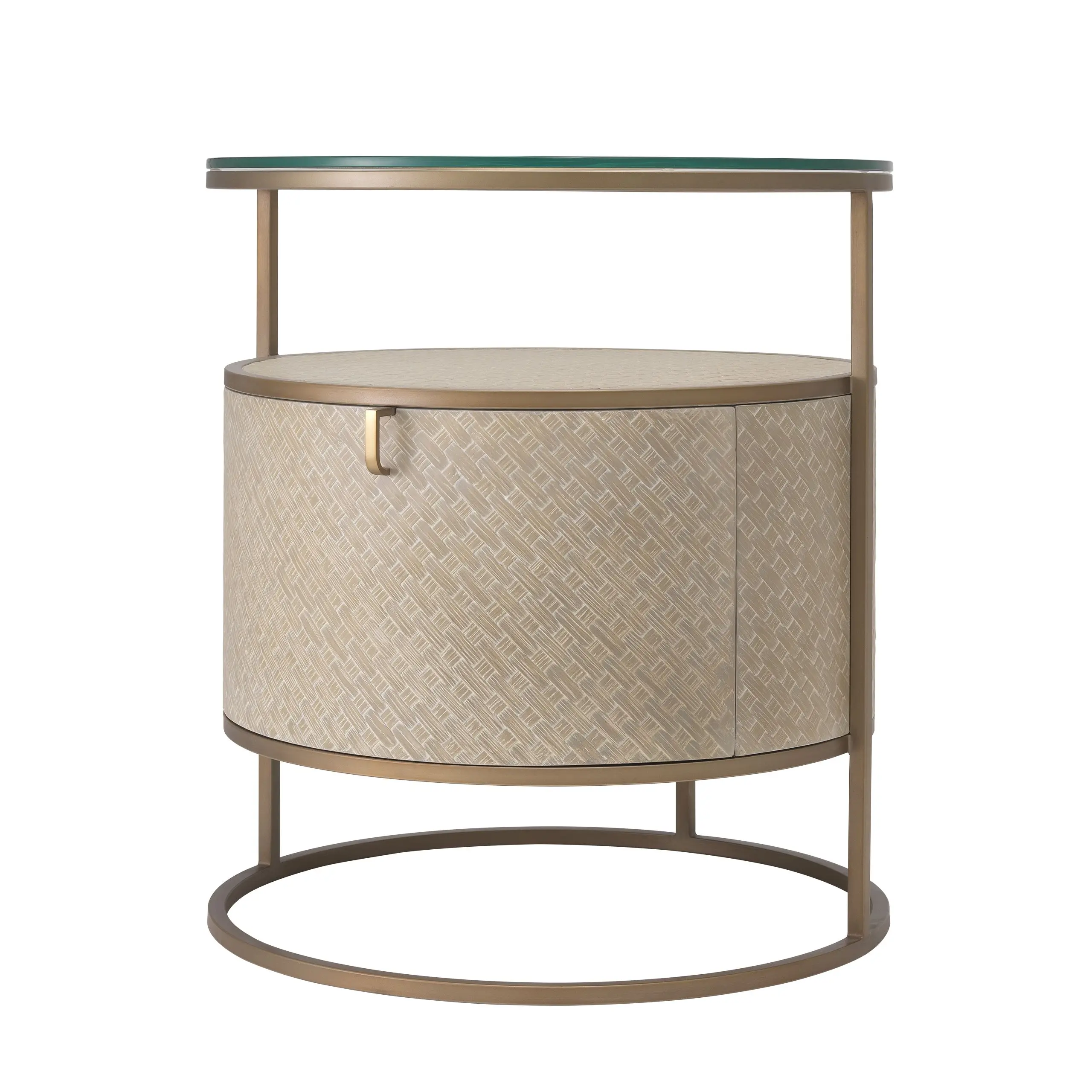 Bedroom furniture Clear glass tabletop Washed oak veneer Brushed brass frame One drawer Bedside table